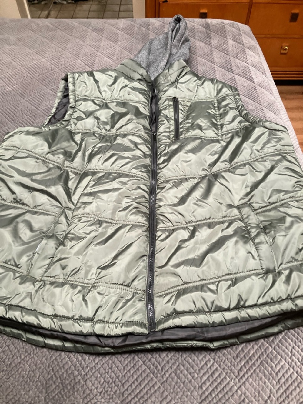 Machine Mens Quilted Puffer Vest in Sage Green with Hood. HC